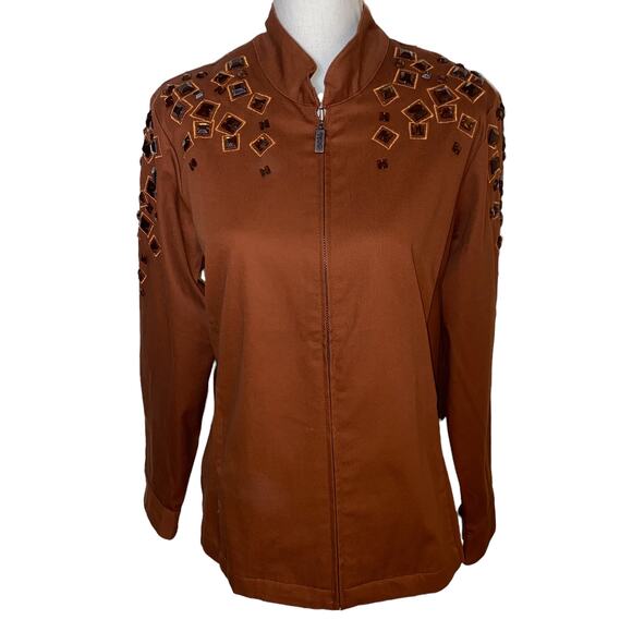 Bob Mackie Wearable Art Jacket Embellished Gems Full Zip, Brown, Size Medium - Picture 3 of 9